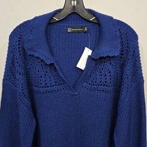 New York & Co Crochet Sweater Women XL Blue Collared Cottagecore Pullover Retro